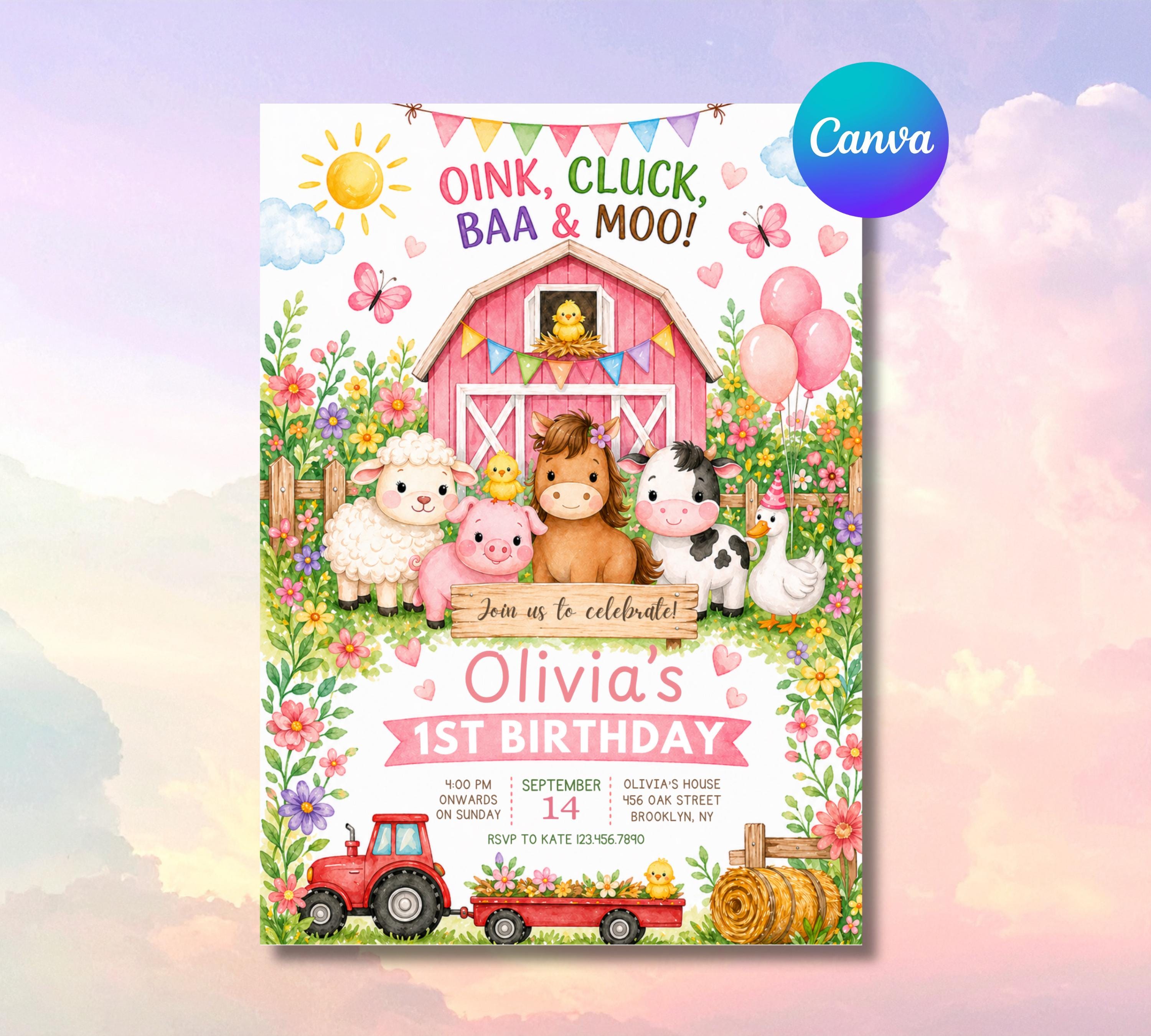 Pink Farm Animals Birthday Invite, Oink Cluck Baa Moo Barnyard Girl ...