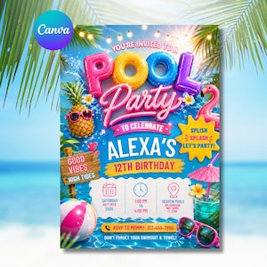 Könnte beinhalten: Ein Einladungsflyer für eine Poolparty zum 12. Geburtstag von Alexa am 25. Juli 2026. Das Design zeigt bunte aufblasbare Buchstaben, eine Ananas mit Sonnenbrille, einen rosa Flamingo, einen Wasserball und ein Getränk mit Schirmchen.