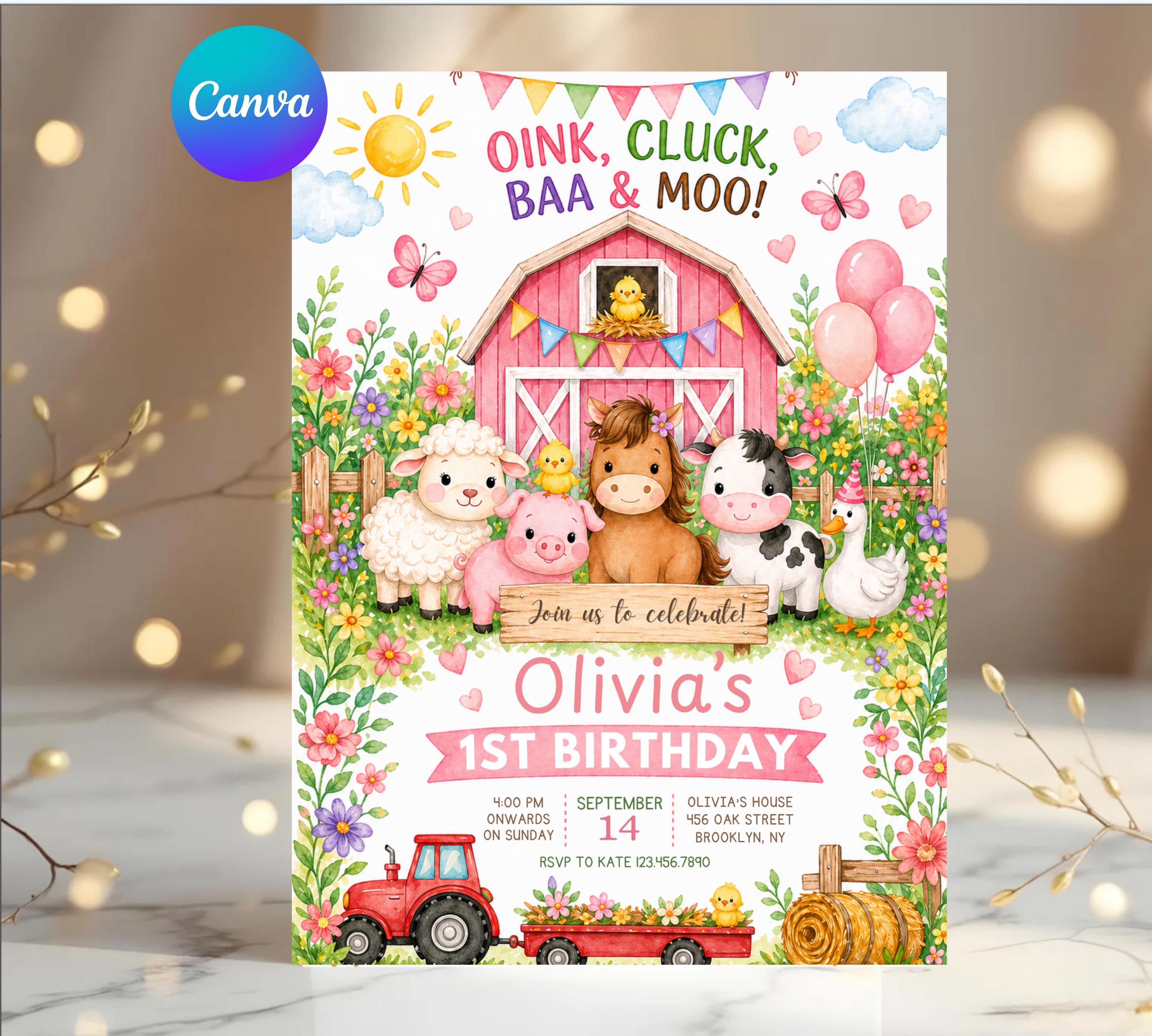 Pink Farm Animals Birthday Invite, Oink Cluck Baa Moo Barnyard Girl ...