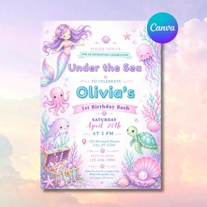 May include: A whimsical invitation for a 1st birthday bash with an "Under the Sea" theme. The design features a mermaid, octopus, dolphin, and turtle. The invitation includes the text "Olivia's 1st Birthday Bash" and event details.