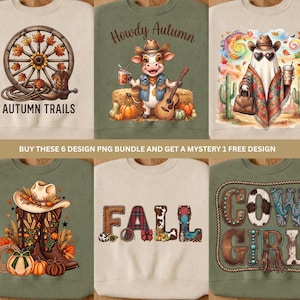 Puede incluir: Una colección de seis sudaderas con gráficos otoñales de temática western. Los diseños incluyen una rueda de carreta, una vaca tocando la guitarra, un fantasma con poncho, botas vaqueras con calabazas, la palabra FALL y el texto COWGIRL.