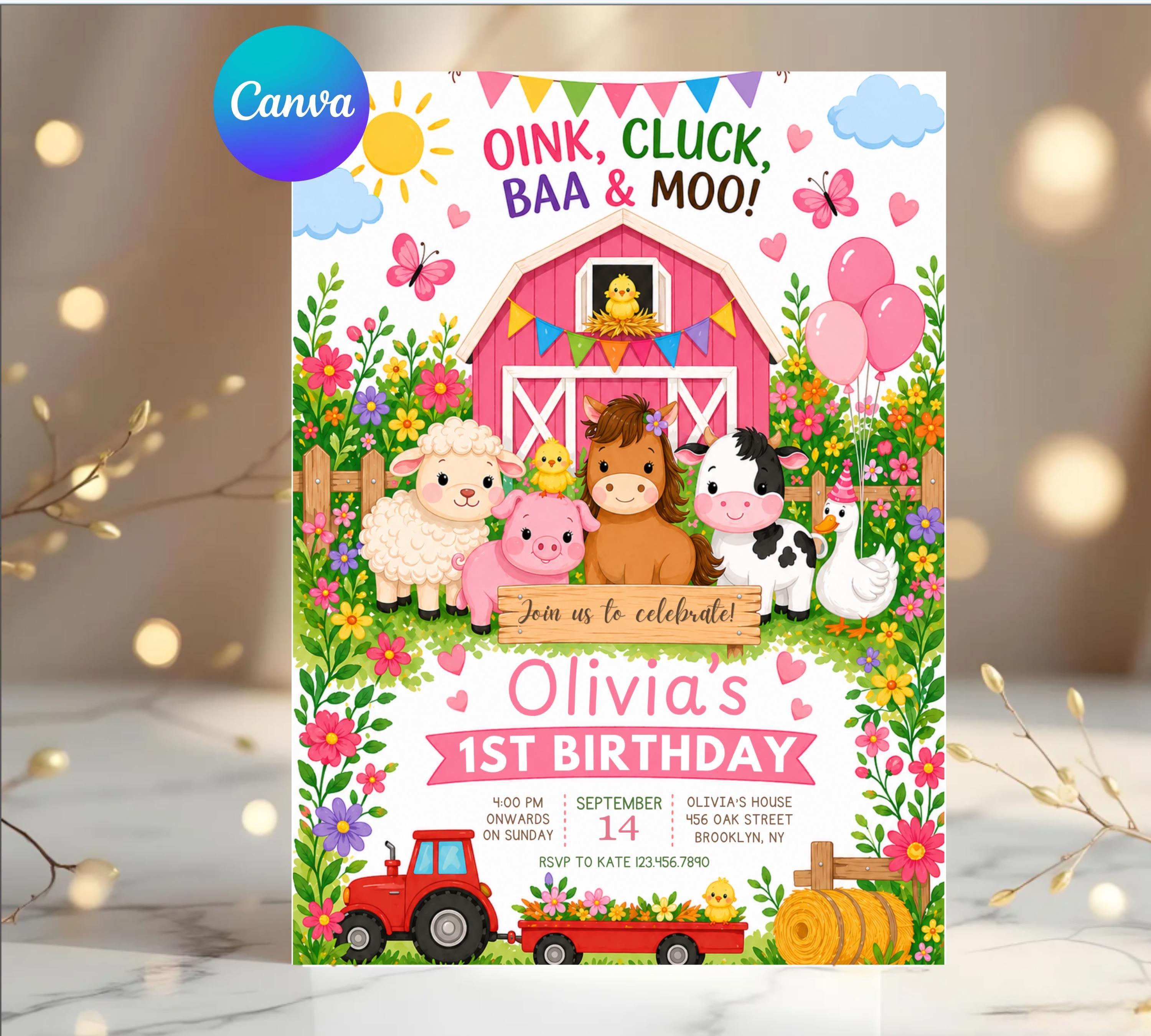 Pink Farm Animals Birthday Invite, Oink Cluck Baa Moo Barnyard Girl ...