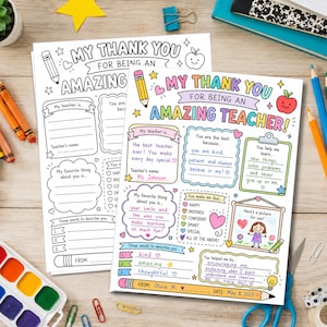 May include: Two printable "My Thank You For Being An Amazing Teacher" colouring pages. The pages have fill-in-the-blank sections for personalisation, with decorative hearts, stars, and pencils. One page is filled out with the teacher's name, Ms. Johnson.