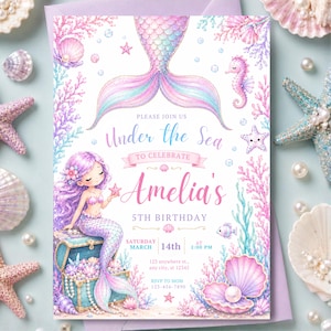 Mermaid Birthday Invitation, Under the Sea Girl Party Invite, Editable Canva Template, Pink Ocean Card, Splish Splash Mermaid Card