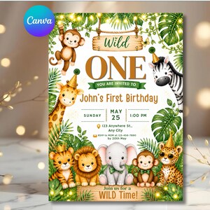 May include: A colourful jungle-themed birthday invitation with the text "Wild One" and "John's First Birthday." Features illustrations of jungle animals including a monkey, giraffe, and zebra. Includes date, time, and RSVP details.