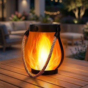 May include: A portable lantern featuring a black circular base and top, connected by a thick, textured rope handle. The central glass housing displays a bright, glowing orange and yellow flame effect, creating a warm light source for outdoor spaces.