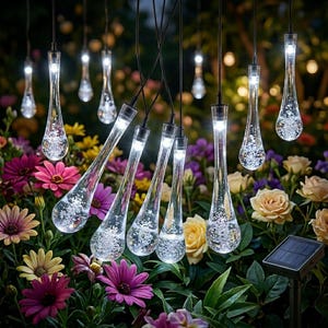 Op de afbeelding: Een set hangende solarlampen in de vorm van heldere glazen druppels met interne bubbeltexturen en heldere witte ledverlichting, opgehangen aan dunne zwarte koorden boven een tuin met kleurrijke bloeiende bloemen.