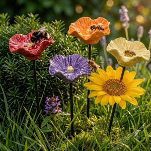 Peut inclure: Scène de jardin avec des abreuvoirs à abeilles en forme de fleurs en céramique rouge, orange, violet et jaune, avec des abeilles buvant dedans. Un tournesol jaune vif est également présent. Les abreuvoirs sont sur des tiges noires.