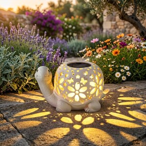 May include: A white ceramic turtle-shaped solar garden light. The light has a smiling face and a shell decorated with flower and butterfly cutouts. The light casts a floral pattern on the stone patio. The background features a colorful garden.