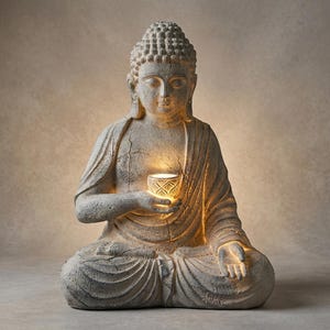 Può includere: Statua di Buddha in pietra antica in posizione di meditazione seduta, con un portacandele luminoso. La statua presenta dettagli intricati e un'espressione serena. Il portacandele emette una luce calda e invitante.