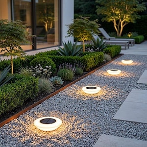 Puede incluir: Camino al aire libre iluminado por varias luces solares. Las luces blancas y circulares se asientan sobre un lecho de grava gris. Plantas y árboles verdes y exuberantes bordean el camino, creando un ambiente de jardín sereno.