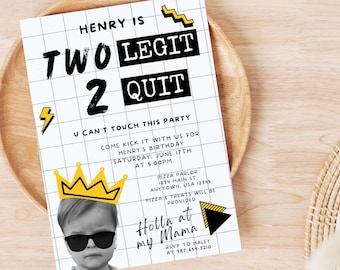May include: A black and white birthday invitation with yellow accents. The invitation says "Henry is Two Legit 2 Quit" and includes a photo of a young boy wearing sunglasses and a crown. The invitation also includes details about the party, including the date, time, and location.