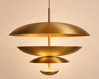 Lampa wisząca z mosiądzu, żyrandol z 4 płytami, ręcznie robiona lampa sufitowa w stylu Mid Century Modern, minimalistyczna lampa wisząca do jadalni.