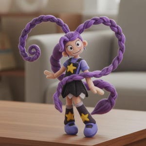 Puede incluir: Muñeca hecha a mano con cabello largo trenzado morado. La muñeca viste una camisa azul, falda negra y zapatos azules, con detalles de estrellas amarillas. La muñeca tiene una expresión sonriente y está sobre una superficie de madera.