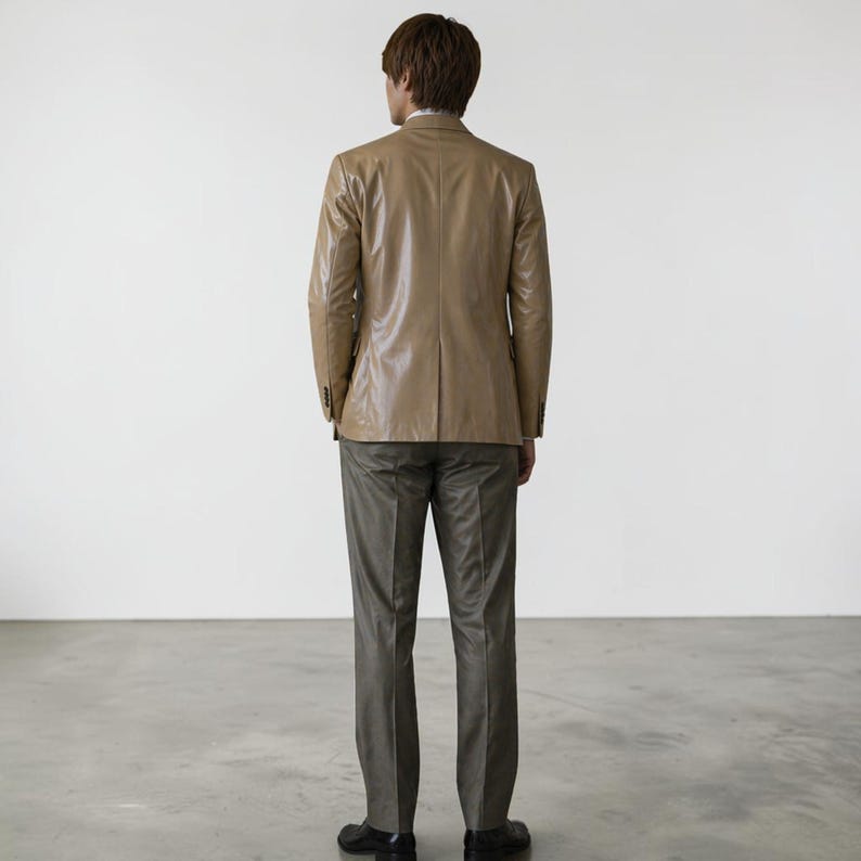May include: A tan leather blazer with a two-button closure, paired with gray trousers and black dress shoes. The blazer has a classic lapel and a tailored fit. The outfit is suitable for formal or business attire.