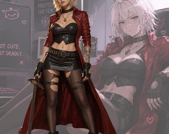 Anime inspiriert Rot Leder Langer Mantel Cosplay Jacke, Damen Gothic Trenchcoat, Dämonenjäger Stil Kostüm Mantel, Anime Cosplay Outfit