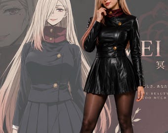 Anime inspiriert Leder Cosplay Outfit Frauen, schwarzer Faltenrock-Set, Manga Style Jacke Kostüm, Convention Cosplay Wear