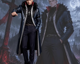 Dark Gothic Anime inspiriert Langer Ledermantel Cosplay, Hunter Style Trenchcoat, Pelzkragen Kostümjacke, Cosplay Mantel nach Maß