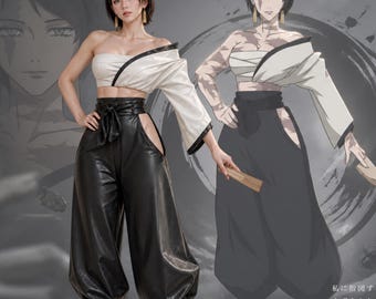 Anime inspirierte schwarze Leder Hakama Hose für Frauen, Cosplay Hose, Japanische Breite Hose, Samurai inspiriertes Outfit, Cosplay Kostüm