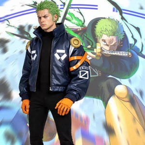 May include: A person wearing a navy blue jacket with white and orange accents, black pants, and orange gloves. The jacket has a high collar and a zipper. A green-haired character is in the background.