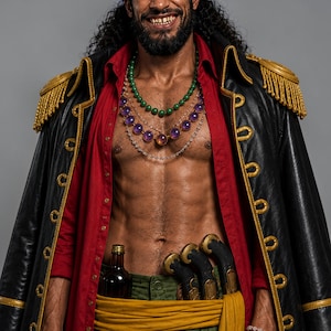 May include: A person wearing a black leather coat with gold epaulettes and a red shirt. The person is also wearing multiple necklaces with green and purple beads. A yellow sash and green pants are visible.