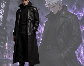 Anime inspiriert Schwarz Leder Langer Mantel Cosplay, Dark Sorcerer Trenchcoat, Premium Ledermantel, Gothic Anime Style Outfit, Cosplay Mantel