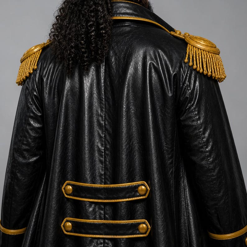 May include: Black faux leather coat with gold trim and epaulets. The coat features gold buttons and trim along the collar and cuffs. The epaulets are gold with gold fringe.
