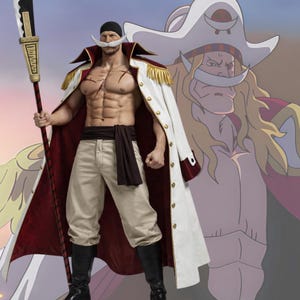 May include: A detailed figurine of a muscular character from the anime series One Piece. The figure is wearing a white coat with red lining and gold trim, beige pants, and black boots. He holds a large bladed weapon. A second character is in the background.