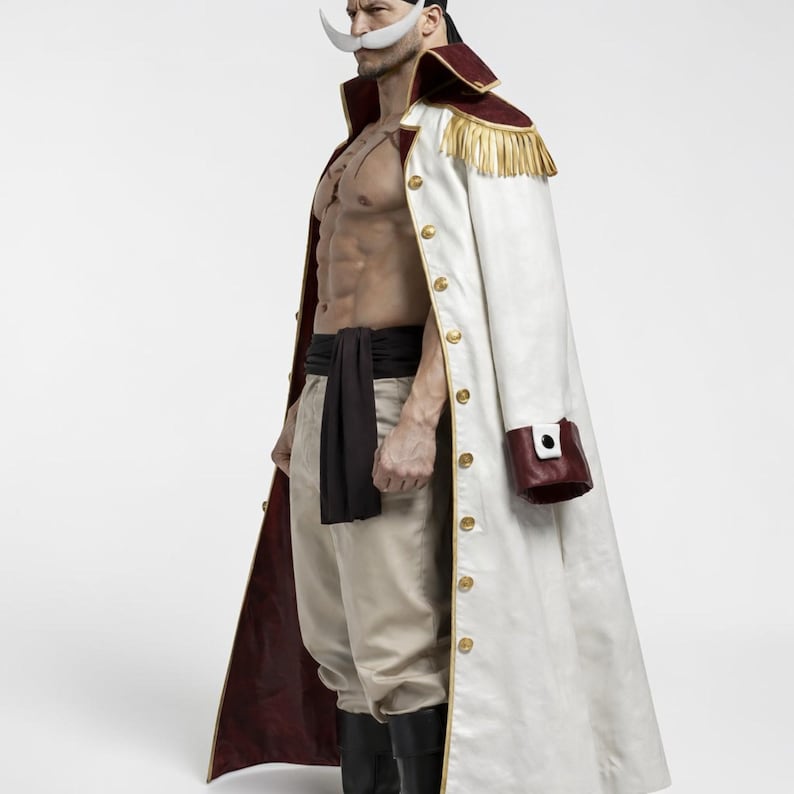 May include: A cosplay costume of a character from the anime series One Piece. The costume includes a white coat with gold fringe and burgundy accents, tan pants, and black boots. The character has a large white mustache.