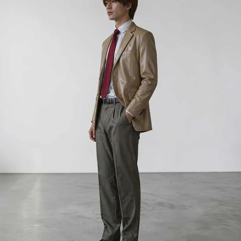 May include: A tan leather blazer with a red tie, white dress shirt, and gray trousers. The outfit is completed with a black belt. The ensemble is a classic business casual style.