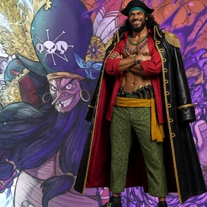 May include: A figure of a pirate character from the One Piece anime series. The character wears a black coat with gold trim over a red shirt, green pants, and a black hat. The background features a stylized illustration of the character.