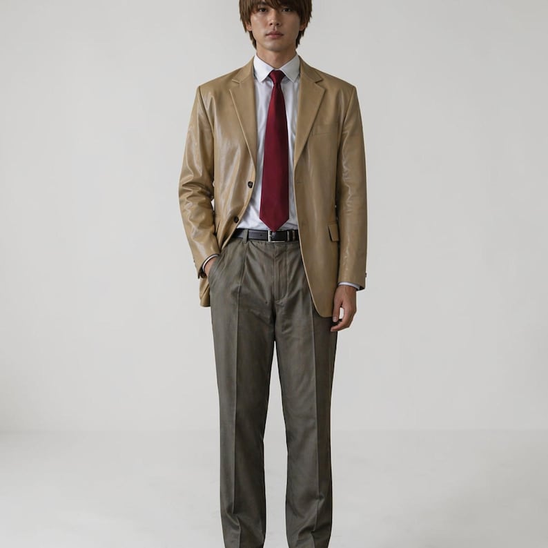 May include: A tan leather blazer paired with a white dress shirt and a burgundy tie. The outfit includes olive green trousers and a black belt. The model is wearing a classic business suit.