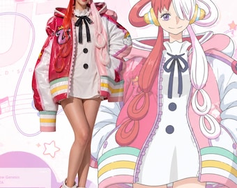 Anime Inspired Idol Oversized Jacket Cosplay, Pink Faux Leather Streetwear Hoodie, Futuristic Anime Costume Jacket, Harajuku Style Outerwear