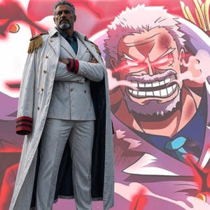 May include: A man in a white suit and long coat with gold epaulettes, red and black sleeve accents, and a stern expression. A cartoon illustration of a man with red eyes and a determined expression is in the background.