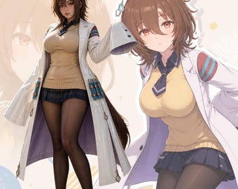 Anime inspirierter Laborkittel Cosplay - Weißer langer Kunstleder-Mantel, niedliche ästhetische Cosplay-Jacke, Frauen-Kostümmantel, kundenspezifische Größe