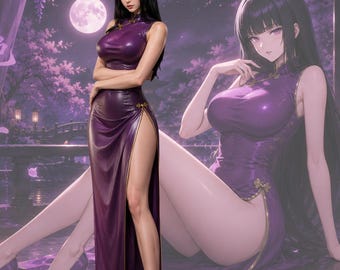 Anime inspiriert Lila Qipao Kleid, Leder Cheongsam Cosplay Outfit, High Slit Maxi Kleid, Elegantes Kostüm im asiatischen Stil für Frauen