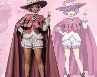 Fantasy Hexe Umhang Cosplay, Rosa Leder Stil Anime inspiriert Umhang, Magisches Mädchen Umhang Kostüm, Süßes Hexen Outfit, Handgefertigter Cosplay Umhang
