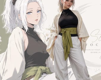 Anime inspiriert Weiß Kimono Mantel & Haremshose Set, Cosplay Kostüm im japanischen Stil, Fantasy Krieger Outfit, Cosplay Kleidung nach Maß