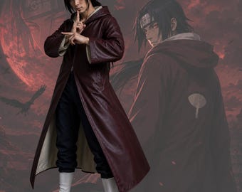 Anime inspiriert Langer Kapuzenmantel Cosplay Jacke, Dark Ninja Cloak Kostüm, Manga Style Leather Look Coat, Unisex Convention Outfit