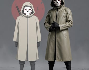 Anime inspiriert Kapuzenmantel Cosplay, Fuchs Maske Ninja Umhang, Beige Lange Kapuzenjacke, Shinobi Style Mantel, Unisex Anime Kostüm Mantel