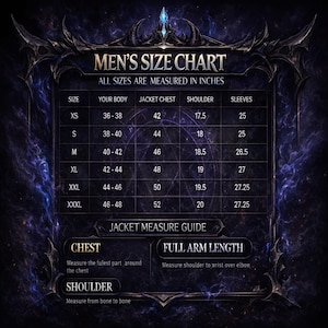 May include: A size chart for jackets, with measurements in inches. The chart includes sizes XS to XXXL, detailing jacket chest, shoulder, and sleeve lengths. The text "MEN'S SIZE CHART" is at the top, with measurement guides for chest, shoulder, and full arm length.