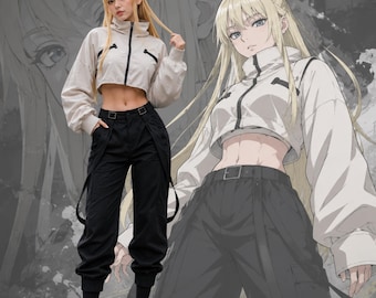 Anime inspiriert Streetwear Cosplay Set, kurze Jacke und Cargohose, Techwear Fashion Outfit, Urban Anime Kostüm, Harajuku Style Cosplay