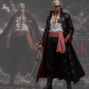 Może przedstawiać: Strój cosplay z czarnym skórzanym płaszczem z czerwonymi wykończeniami i złotymi guzikami, w połączeniu z czerwoną szarfą. Postać nosi białą koszulę, czarne spodnie i buty, trzymając srebrną laskę. Ilustracja znajduje się w tle.
