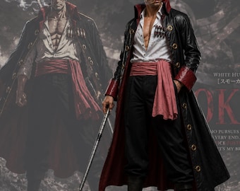 Anime inspirierter Langer Ledermantel Cosplay, Marine Kommandant Stil Schwarz Rot Trenchcoat, Anime Kostümjacke, Maßgeschneiderte Cosplay Oberbekleidung