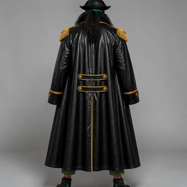 May include: A long black coat with gold trim and epaulets, worn with a black hat. The coat features gold buttons and trim, and is made of a shiny, leather-like material. The outfit is a costume, likely for cosplay or a themed event.