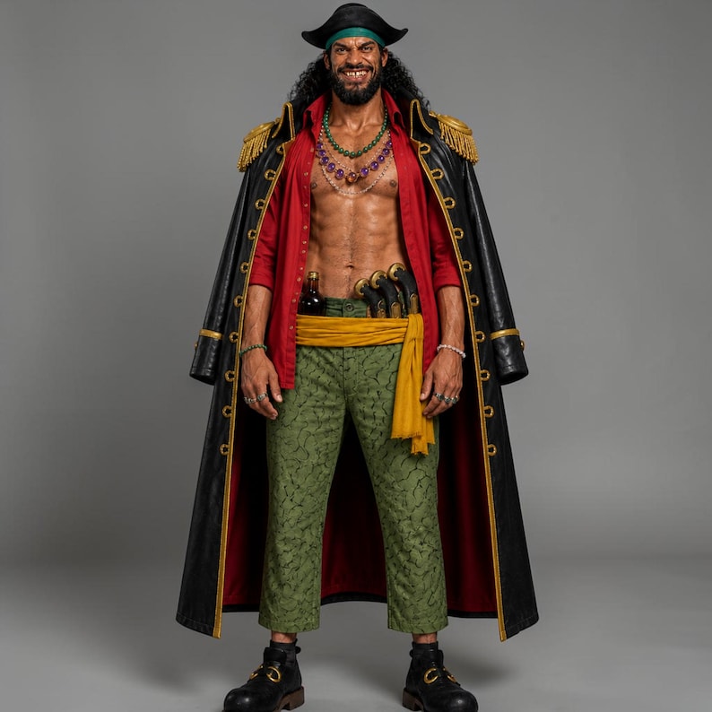 May include: A person dressed as a pirate, wearing a black coat with gold accents, a red shirt, and green patterned pants. The pirate has a black hat, a yellow sash, and multiple necklaces. He is also wearing black boots.
