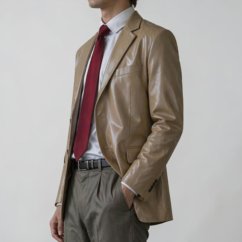 May include: A tan leather blazer with a notched lapel, worn over a white dress shirt and a burgundy tie. The blazer has a two-button closure and a pocket on the chest. The person is also wearing gray trousers and a black belt.