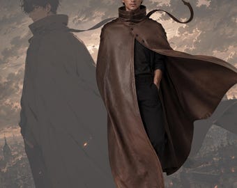 Anime Inspirierter Lederumhang, Dark Fantasy Cosplay Umhang, Mittelalterlicher Kapuzenloser Mantel, Langer Krieger Umhang, Individueller Halloween Kostüm Umhang