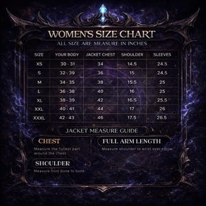 May include: A size chart for women's jackets, with measurements in inches. The chart includes sizes XS to XXXL, detailing body, jacket chest, shoulder, and sleeve measurements. Includes jacket measurement guide for chest, full arm length, and shoulder.
