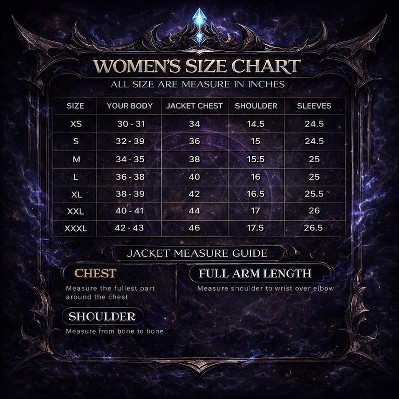 May include: A size chart for women's jackets, with measurements in inches. The chart includes sizes XS to XXXL, detailing body, jacket chest, shoulder, and sleeve measurements. Includes jacket measurement guide for chest, full arm length, and shoulder.